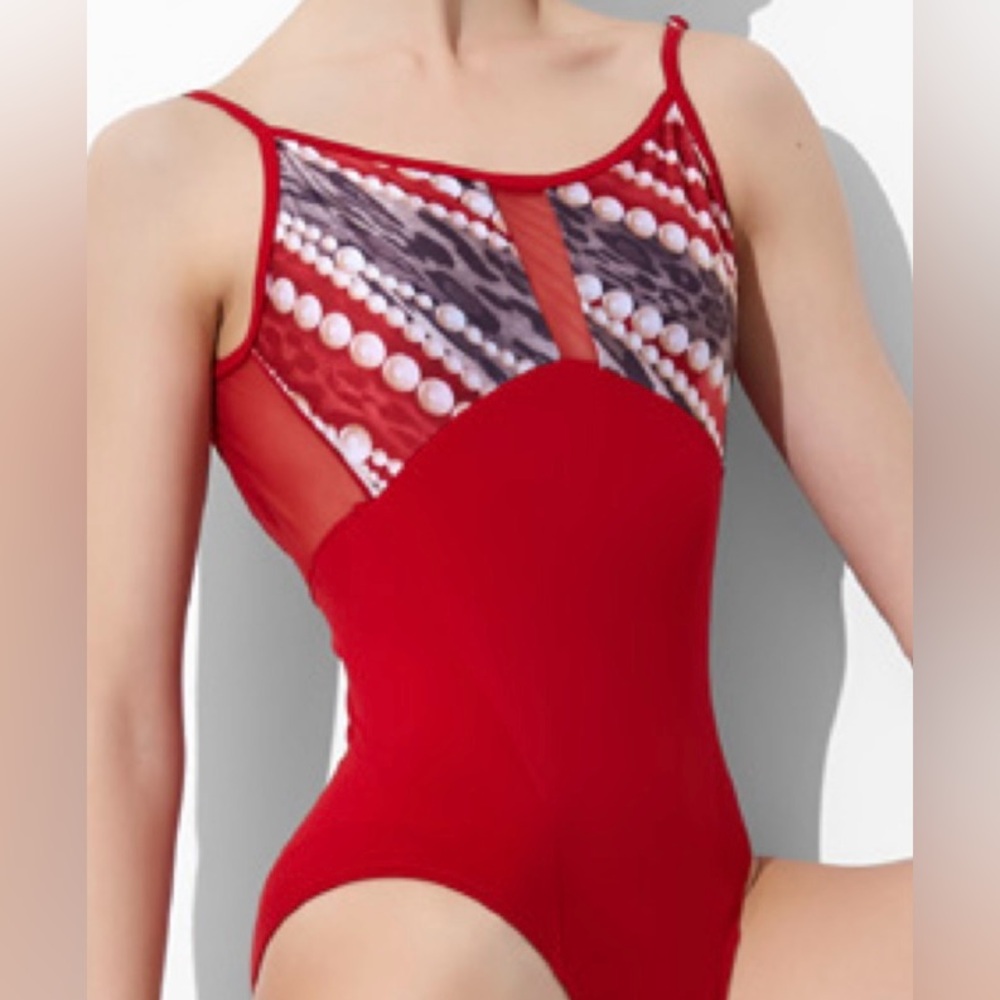 Red Women's Leotard with Patterned Mesh Yoke